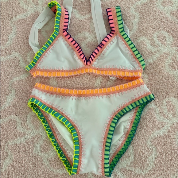 Platinum swimwear Other - White Girls Two-Piece Bikini with Neon Crochet Trim